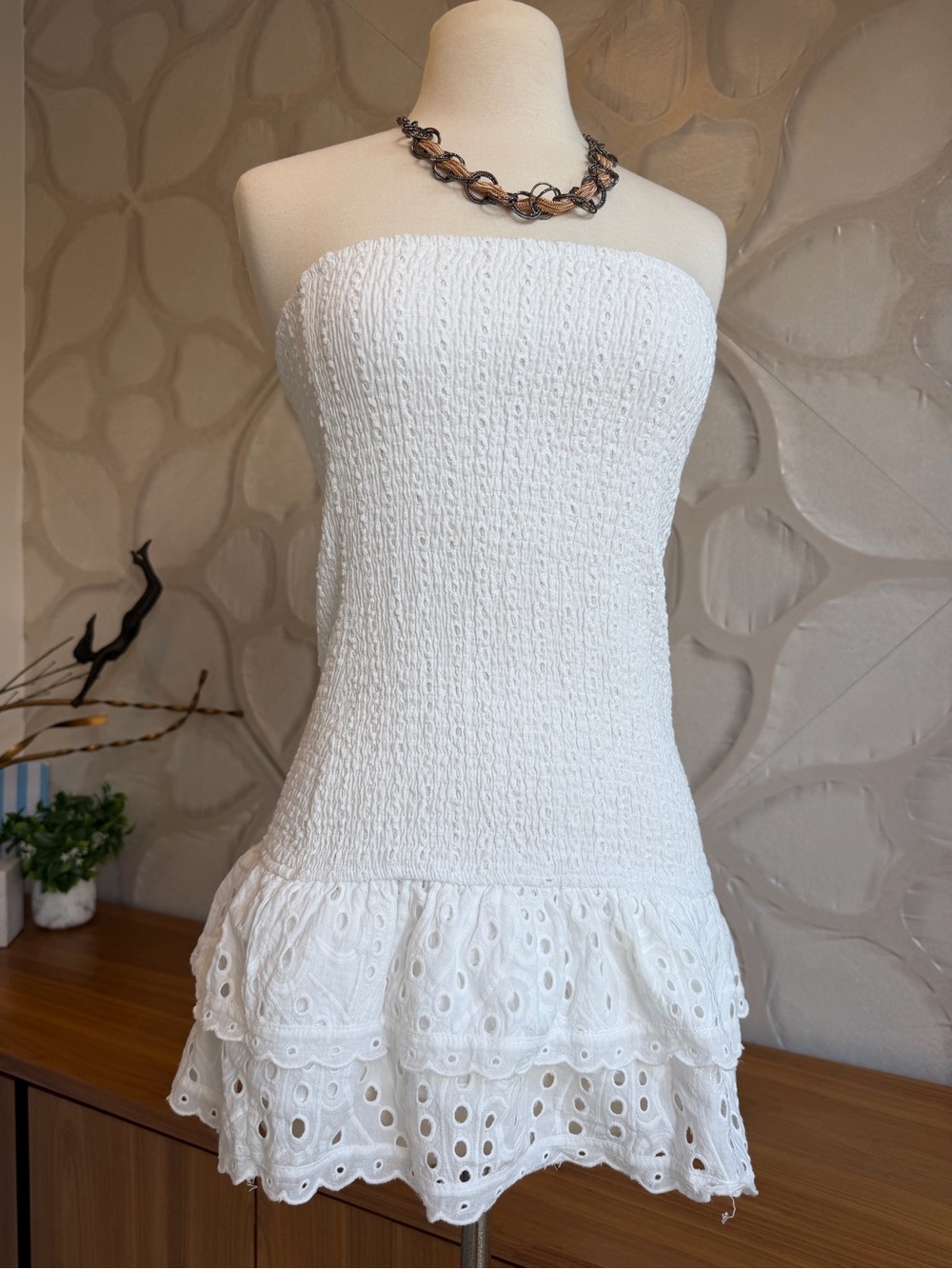 Edikted White Strapless Smocked Mini Dress with Eyelet Ruffle Hem